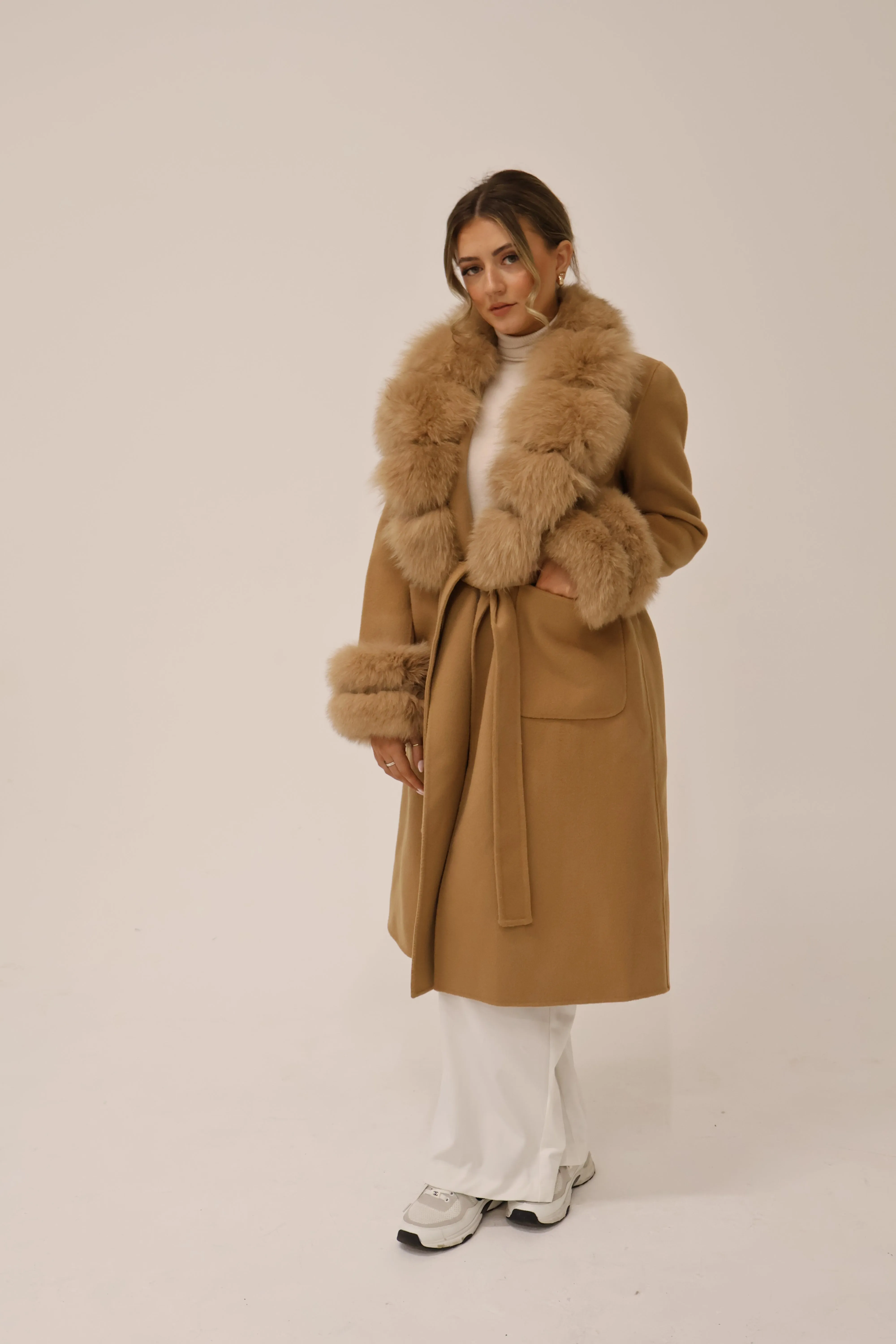 Long Cashmere Coat with Fur Collar & Cuffs