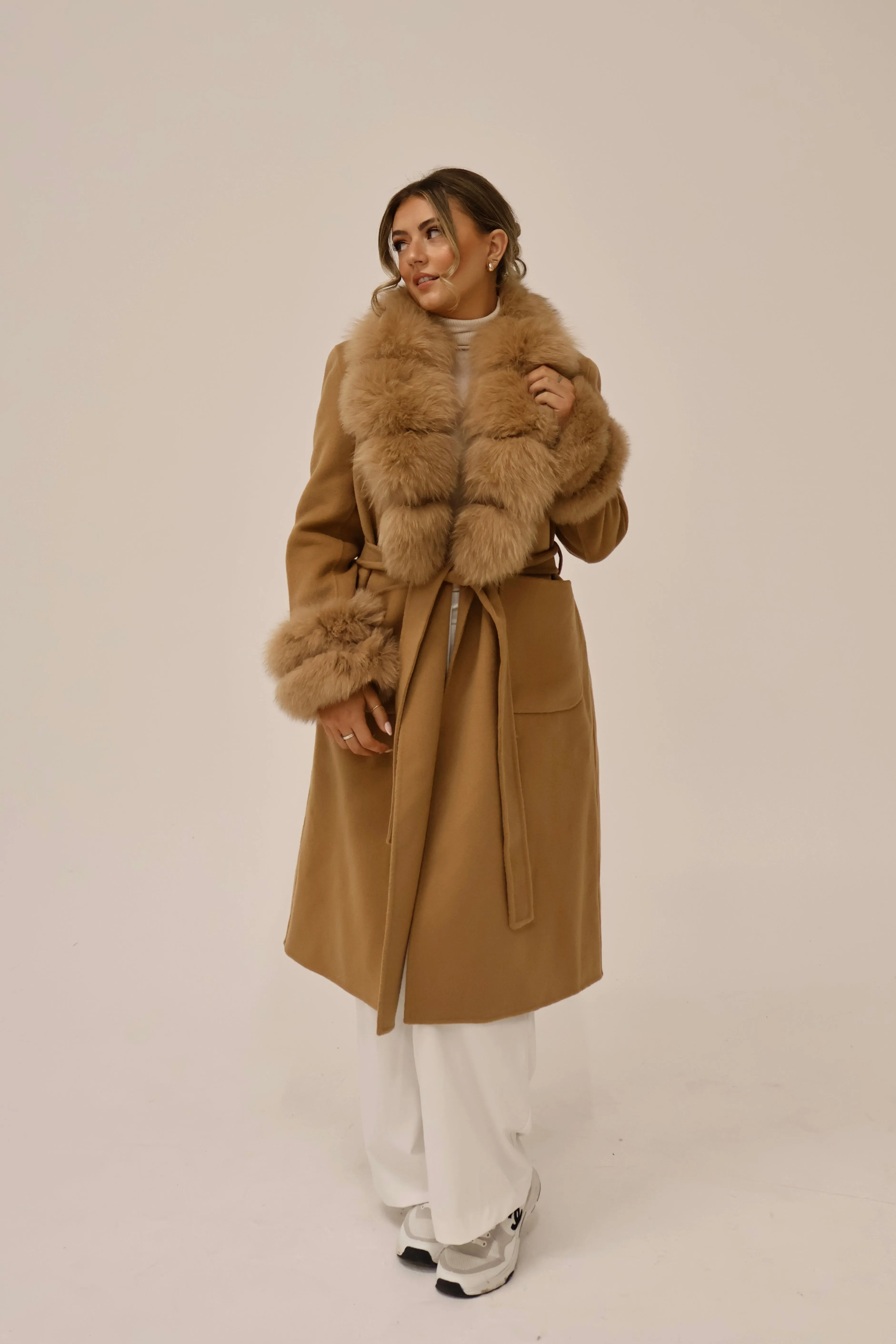 Long Cashmere Coat with Fur Collar & Cuffs