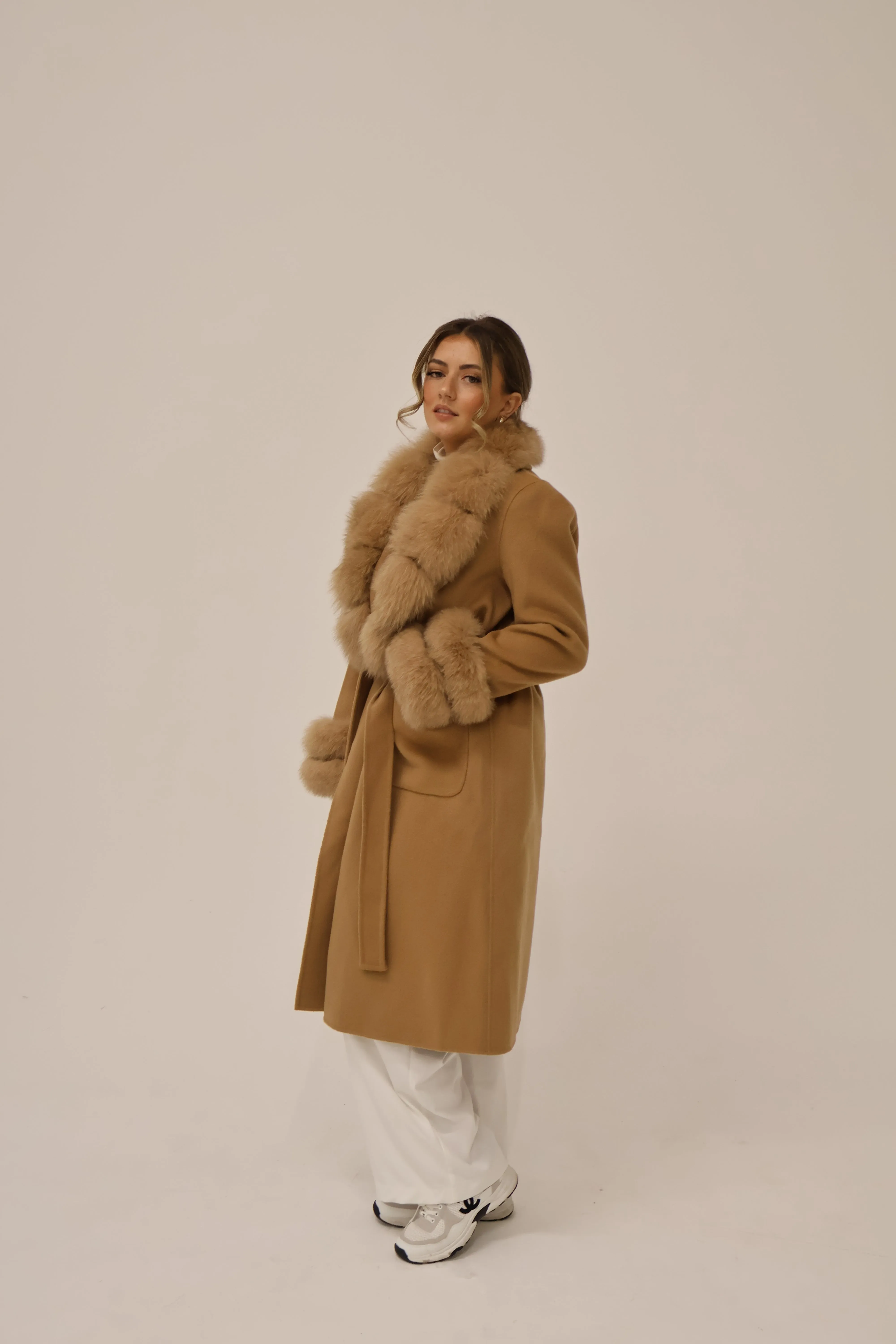 Long Cashmere Coat with Fur Collar & Cuffs