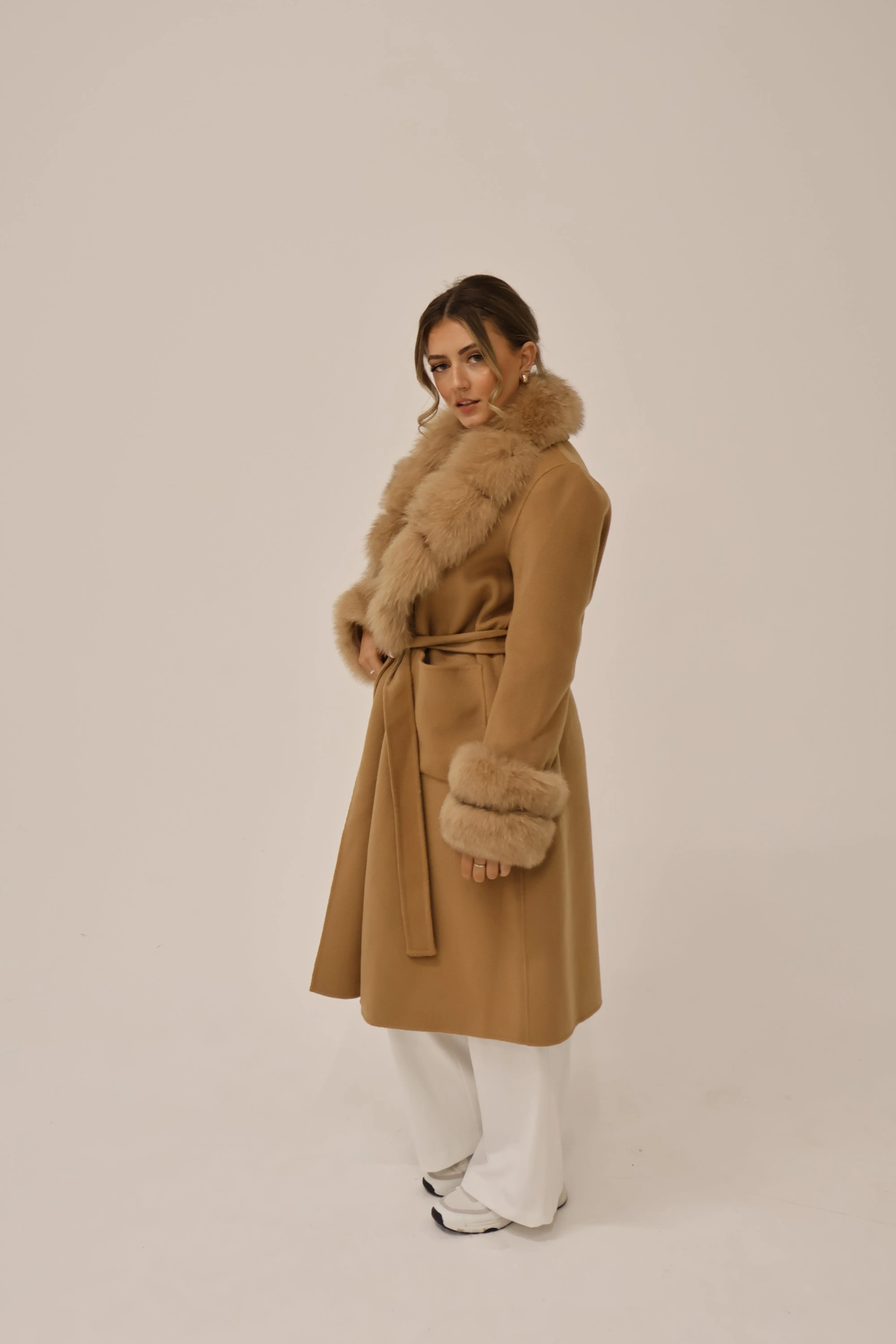 Long Cashmere Coat with Fur Collar & Cuffs