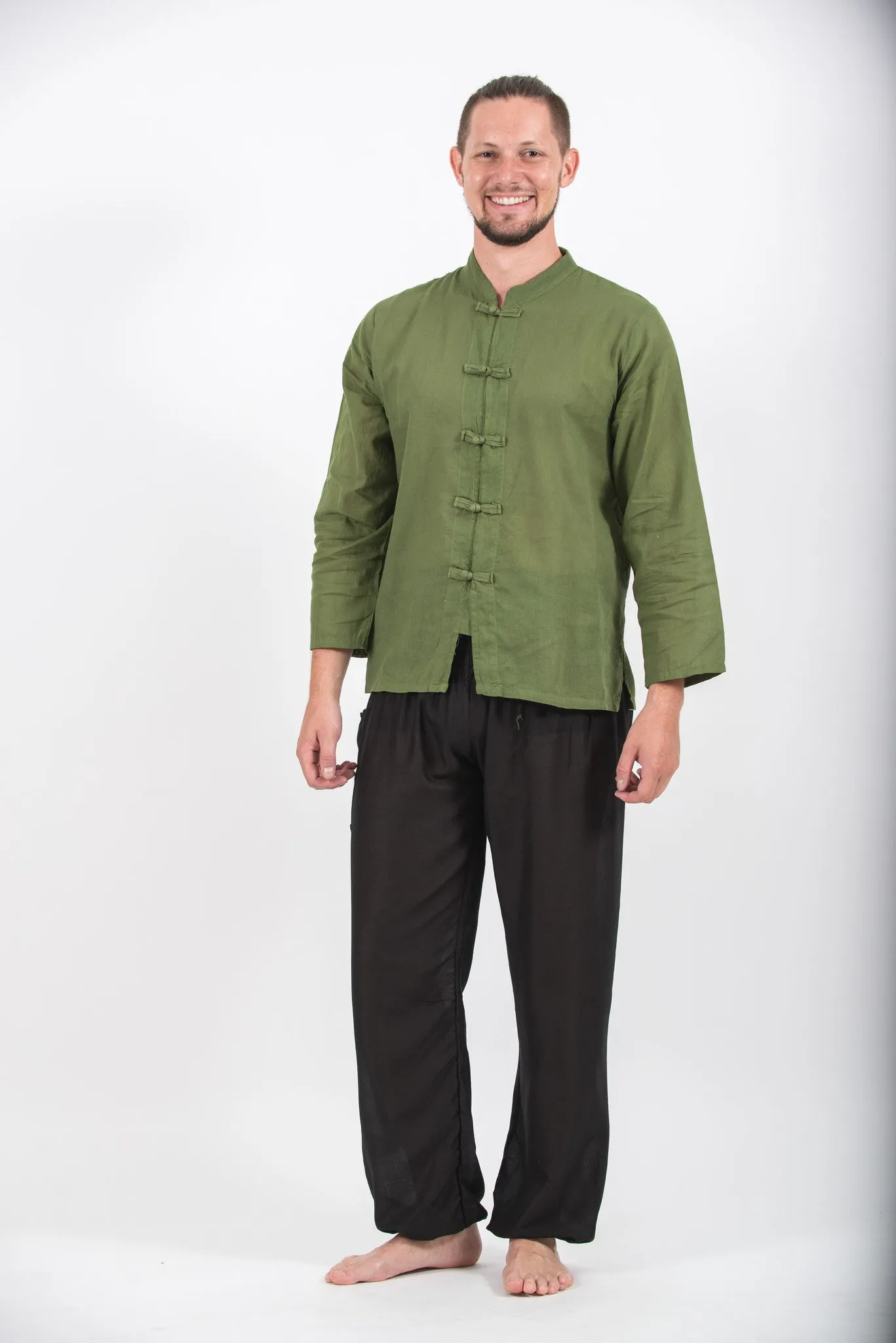 Mens Yoga Shirts Chinese Collared in Olive