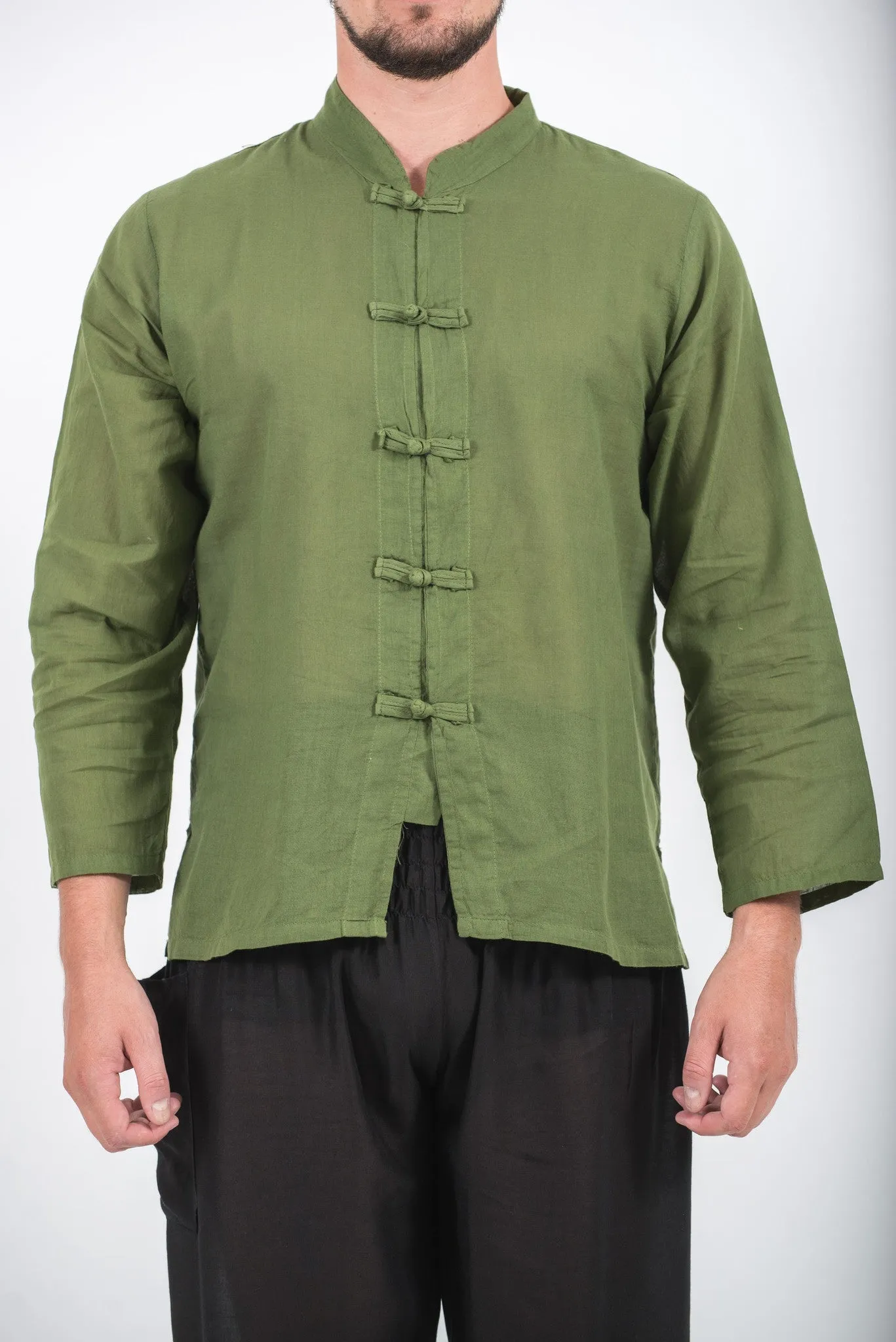 Mens Yoga Shirts Chinese Collared in Olive