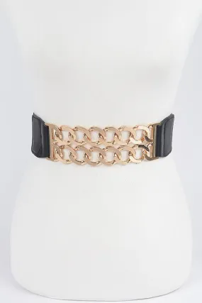 Metal Linked Buckle Elastic Belt - Black Gold