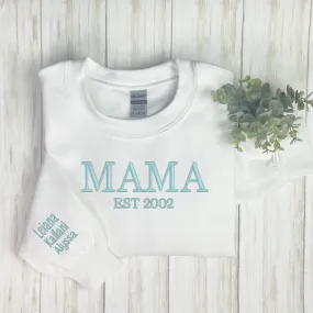 Mom / Mama Crewneck Sweater with kids name on sleeve..