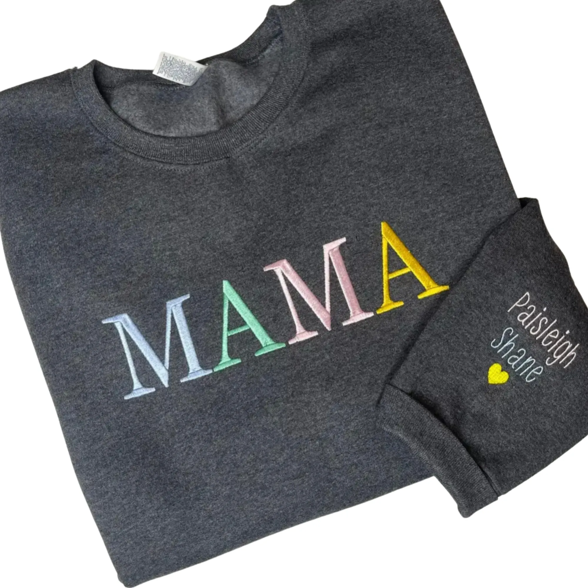 Mom / Mama Crewneck Sweater with kids name on sleeve..