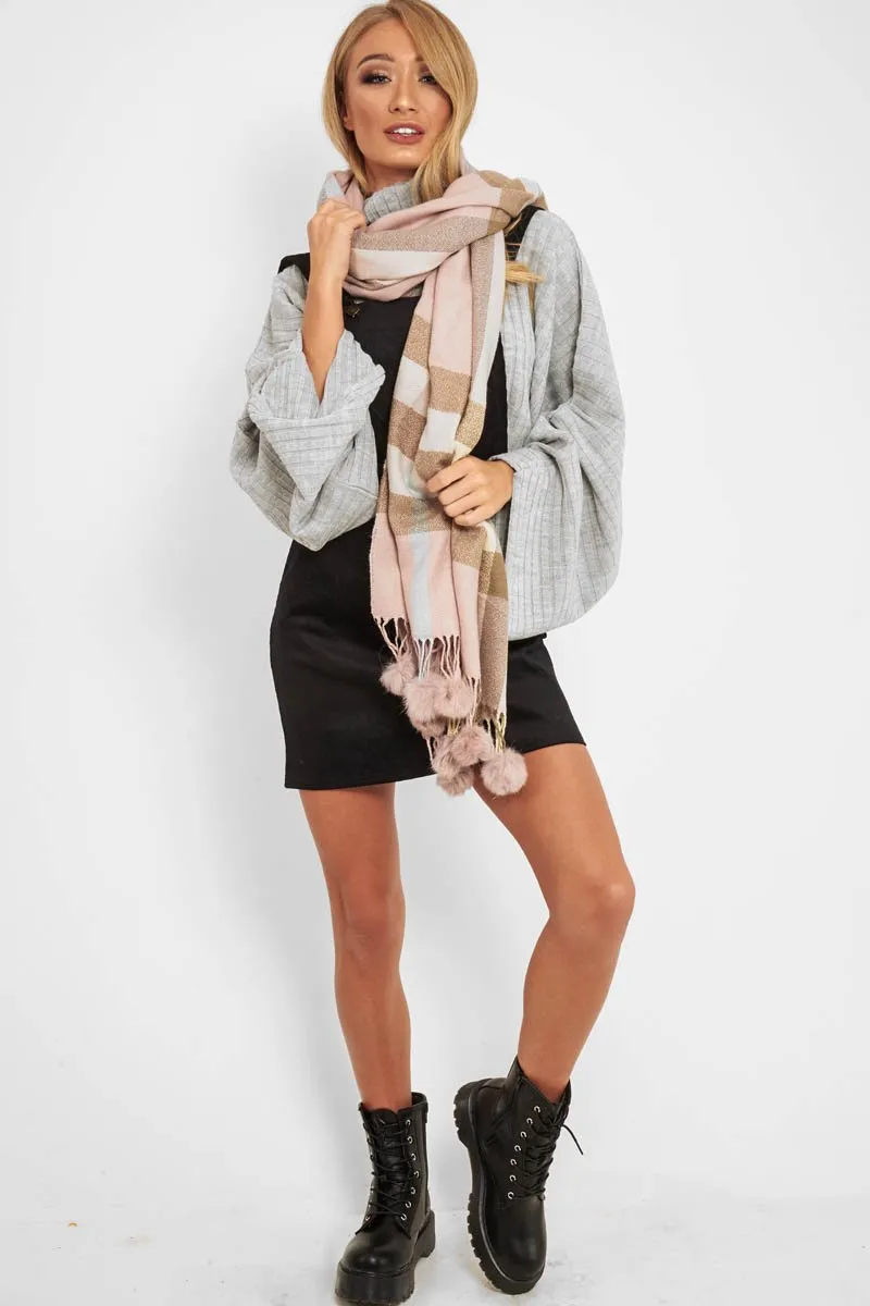 Nude Beige Tartan Pom-Pom Scarf - Aayat