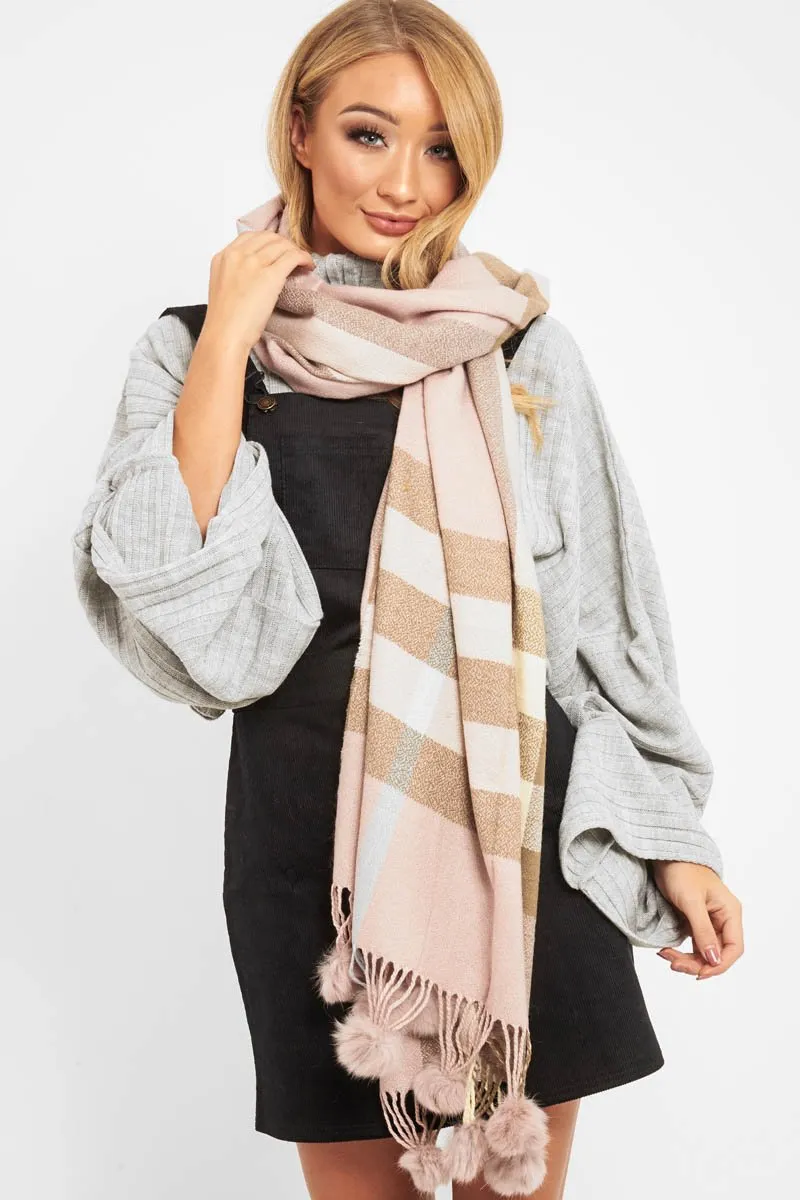 Nude Beige Tartan Pom-Pom Scarf - Aayat