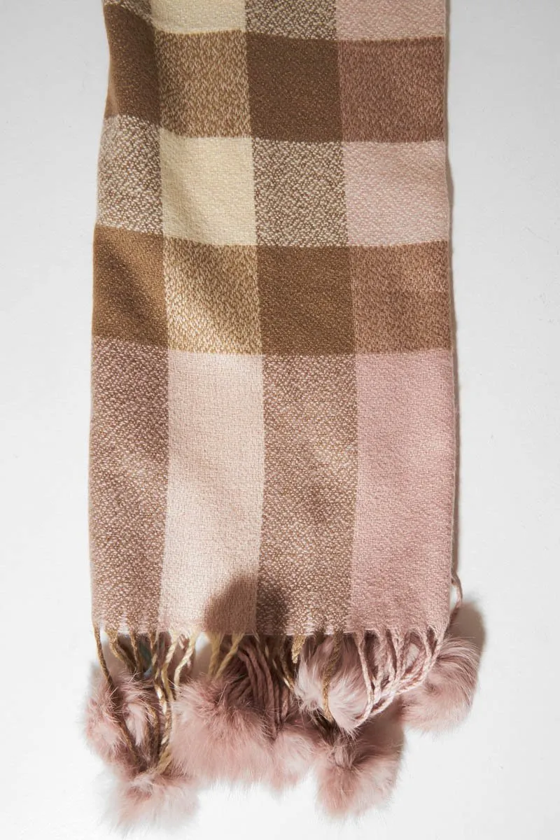 Nude Beige Tartan Pom-Pom Scarf - Aayat