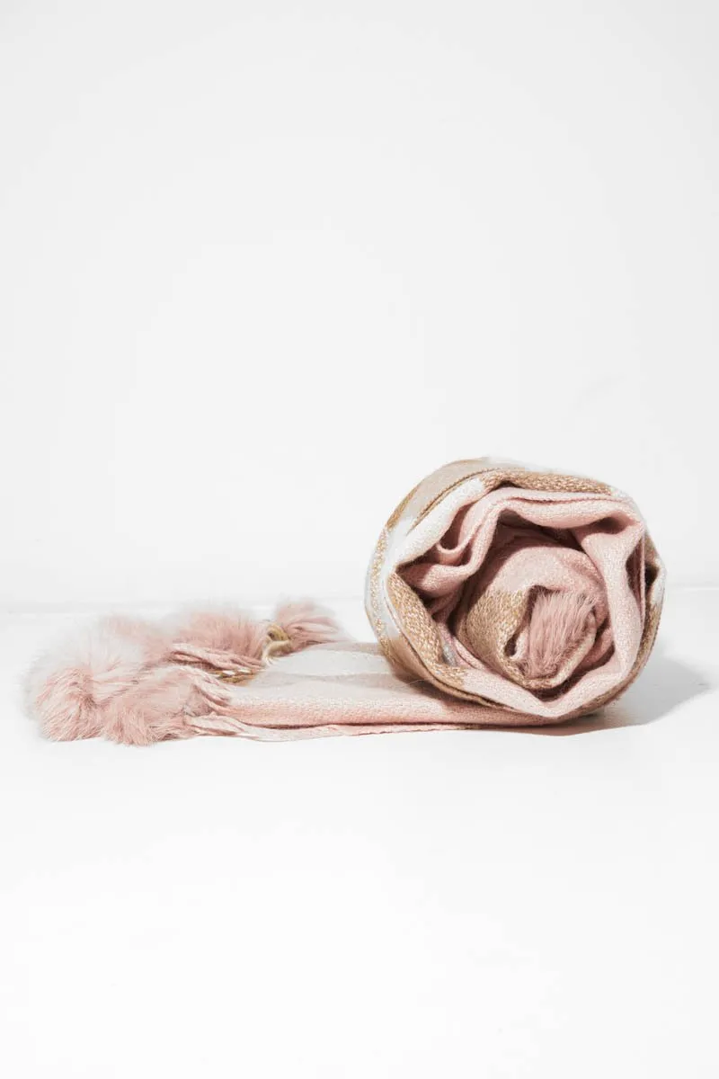 Nude Beige Tartan Pom-Pom Scarf - Aayat