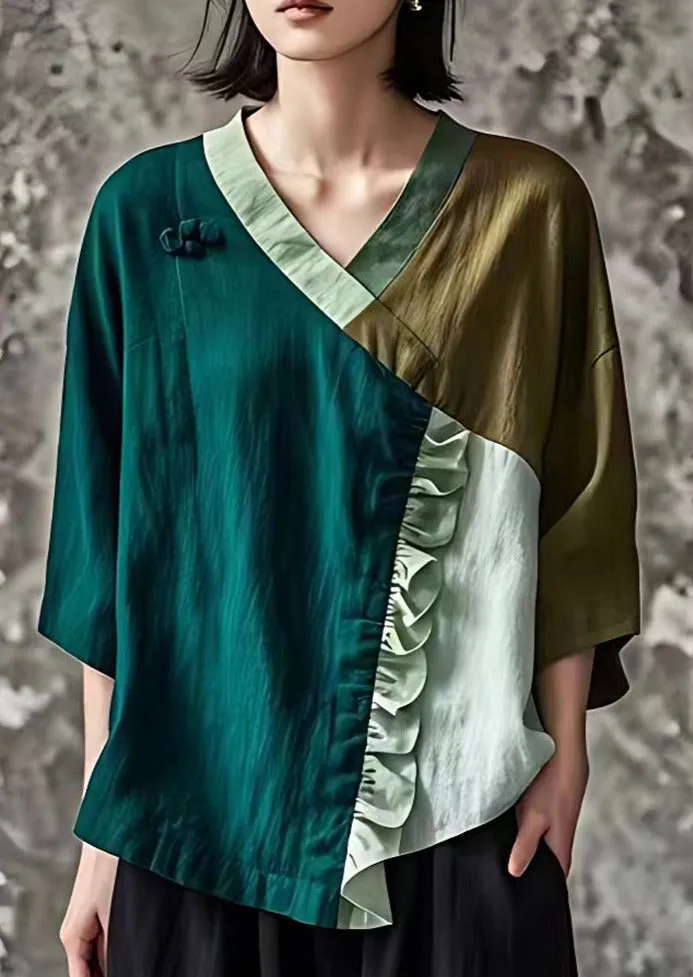 Original Design Green Ruffled Patchwork Linen Shirts Summer