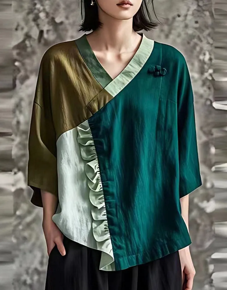 Original Design Green Ruffled Patchwork Linen Shirts Summer