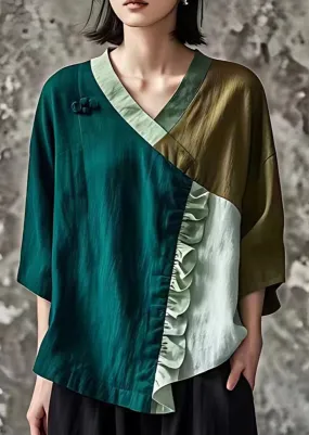 Original Design Green Ruffled Patchwork Linen Shirts Summer