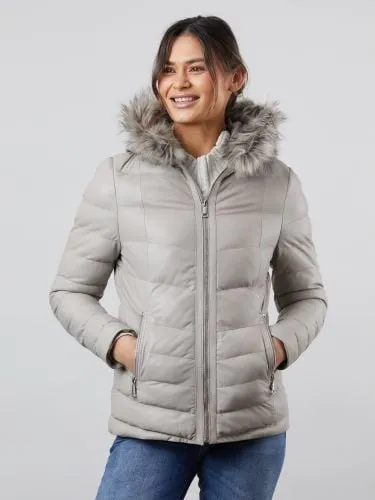 Pica Hooded Padded Leather Coat in Grey