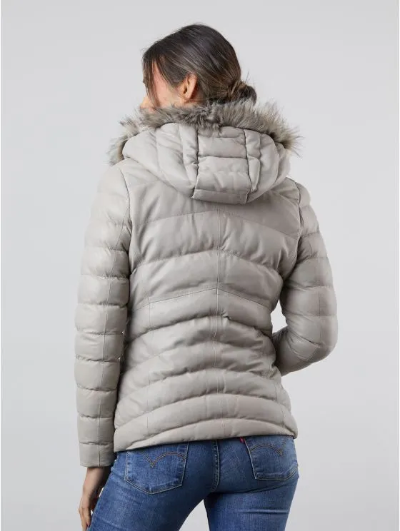 Pica Hooded Padded Leather Coat in Grey