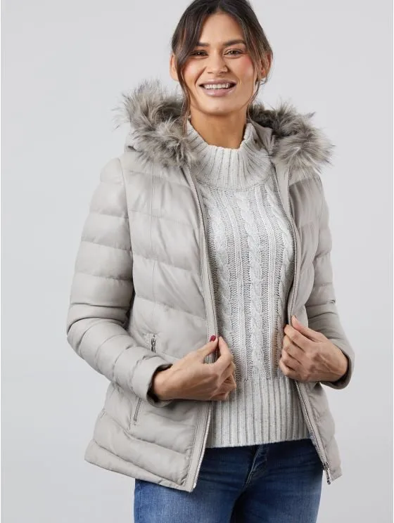 Pica Hooded Padded Leather Coat in Grey