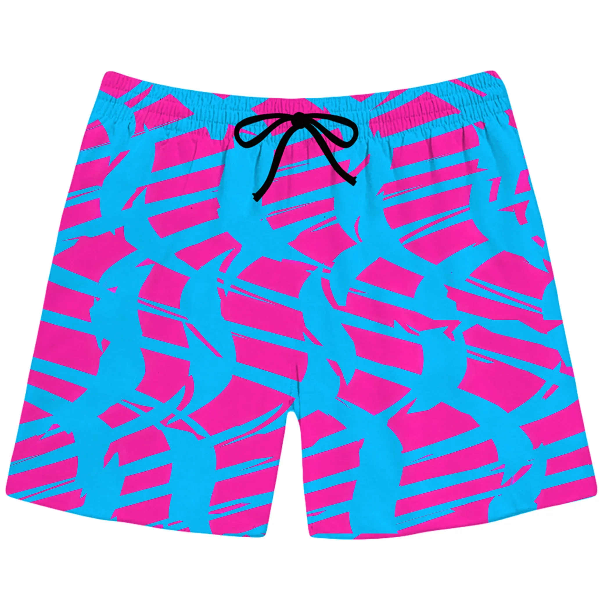 Pink and Blue Squiggly Rave Checkered Swim Trunks