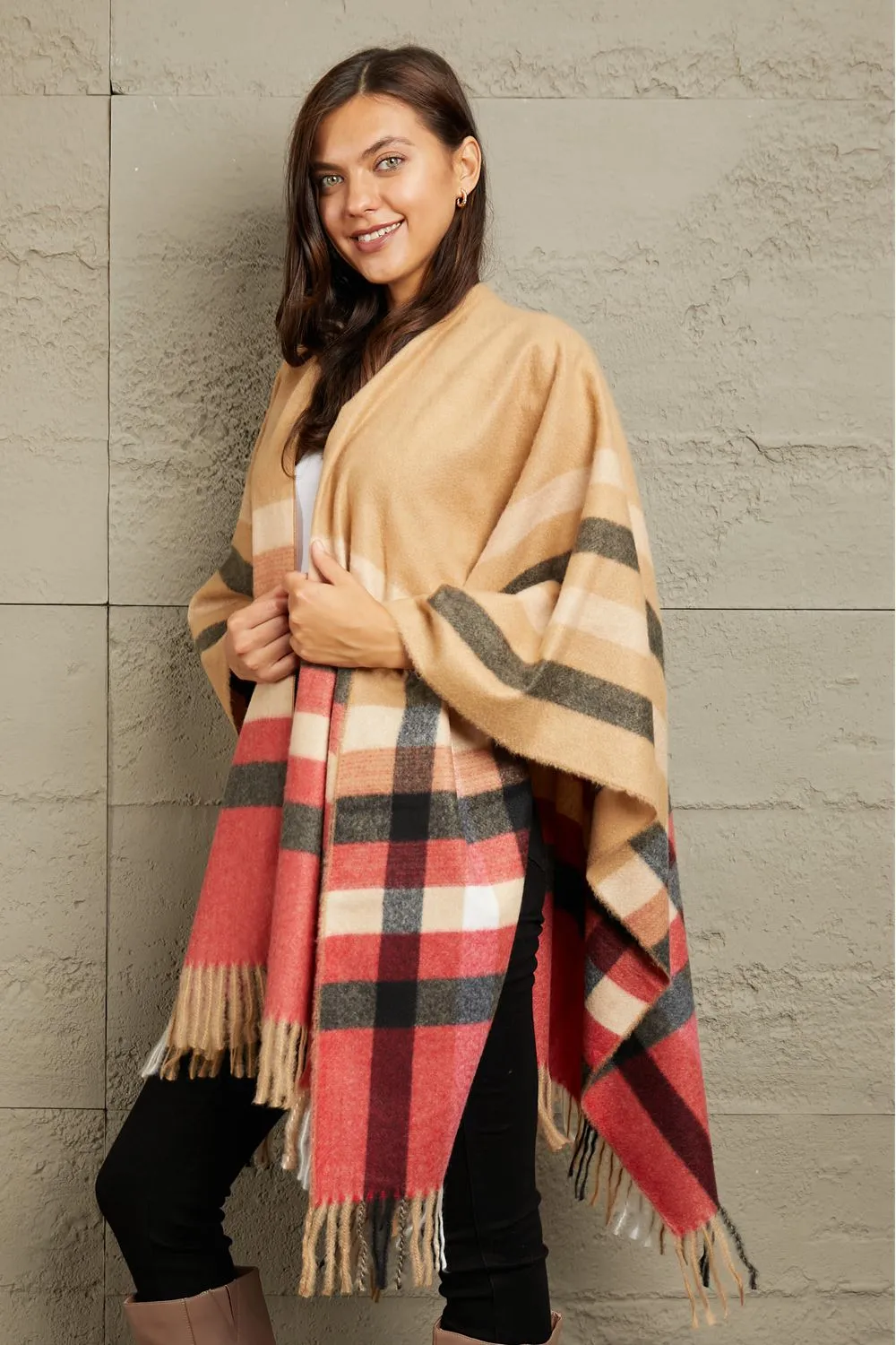 Plaid Shawl Poncho Cardigan in Khaki