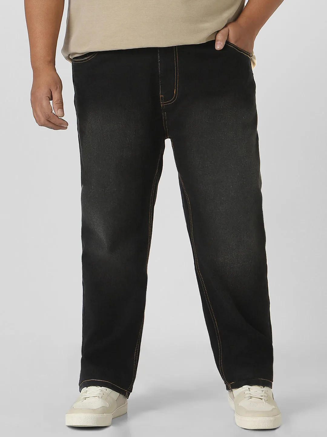 Plus Men's Black Regular Fit Washed Jeans Stretchable