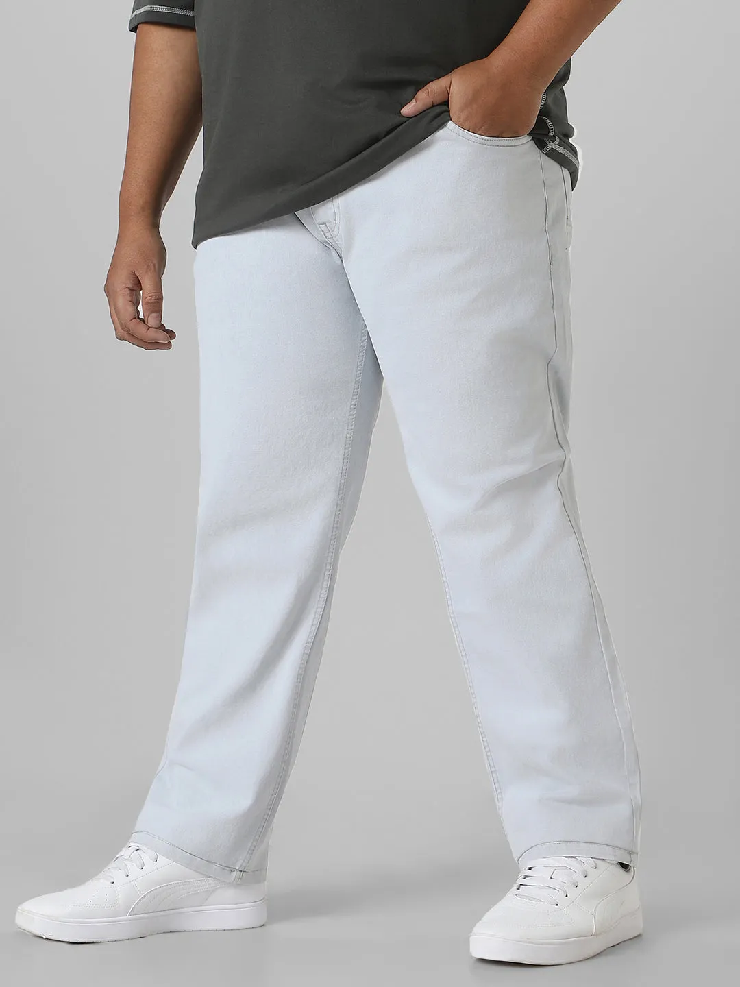 Plus Men's Whitish Grey Regular Fit Washed Jeans Stretchable