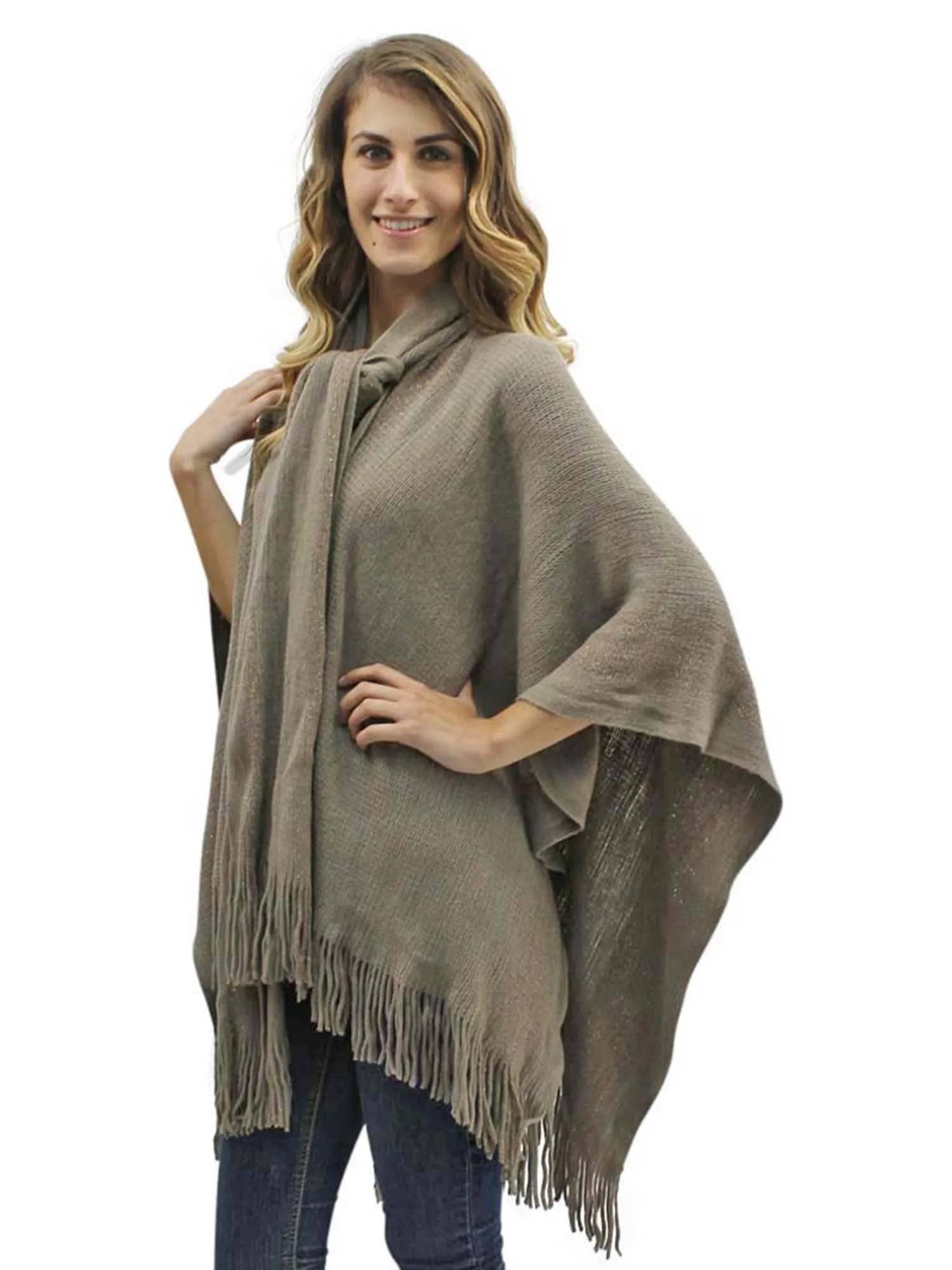 Taupe Two-Tone Fringed Shawl With Attached Scarf