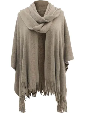 Taupe Two-Tone Fringed Shawl With Attached Scarf