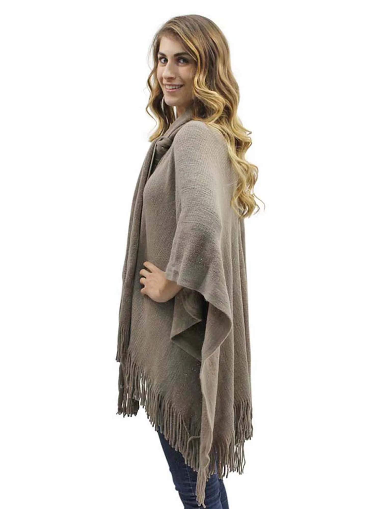 Taupe Two-Tone Fringed Shawl With Attached Scarf