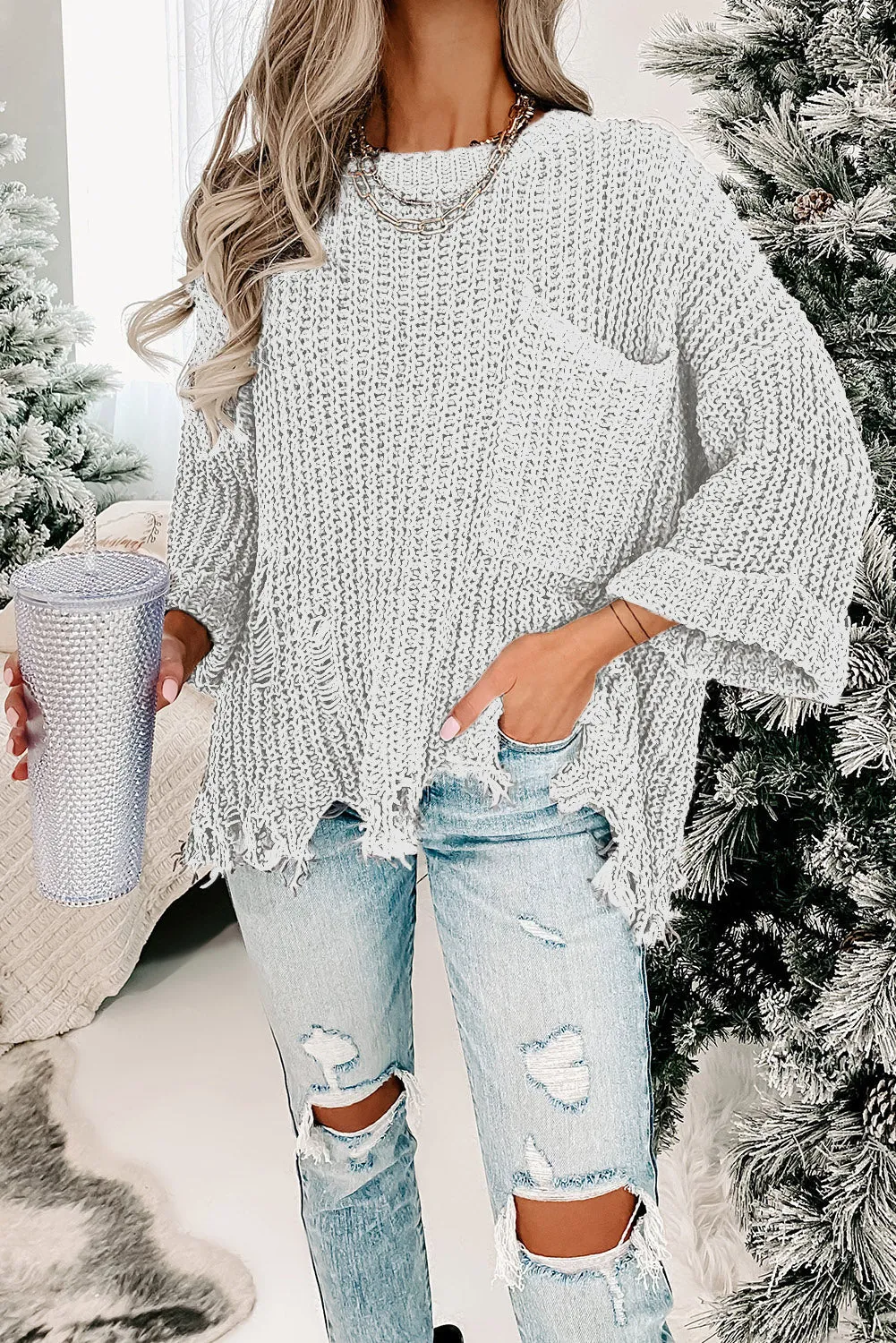 Threaded Pear:  Alina Ripped Raw Hem Chunky Pullover Sweater