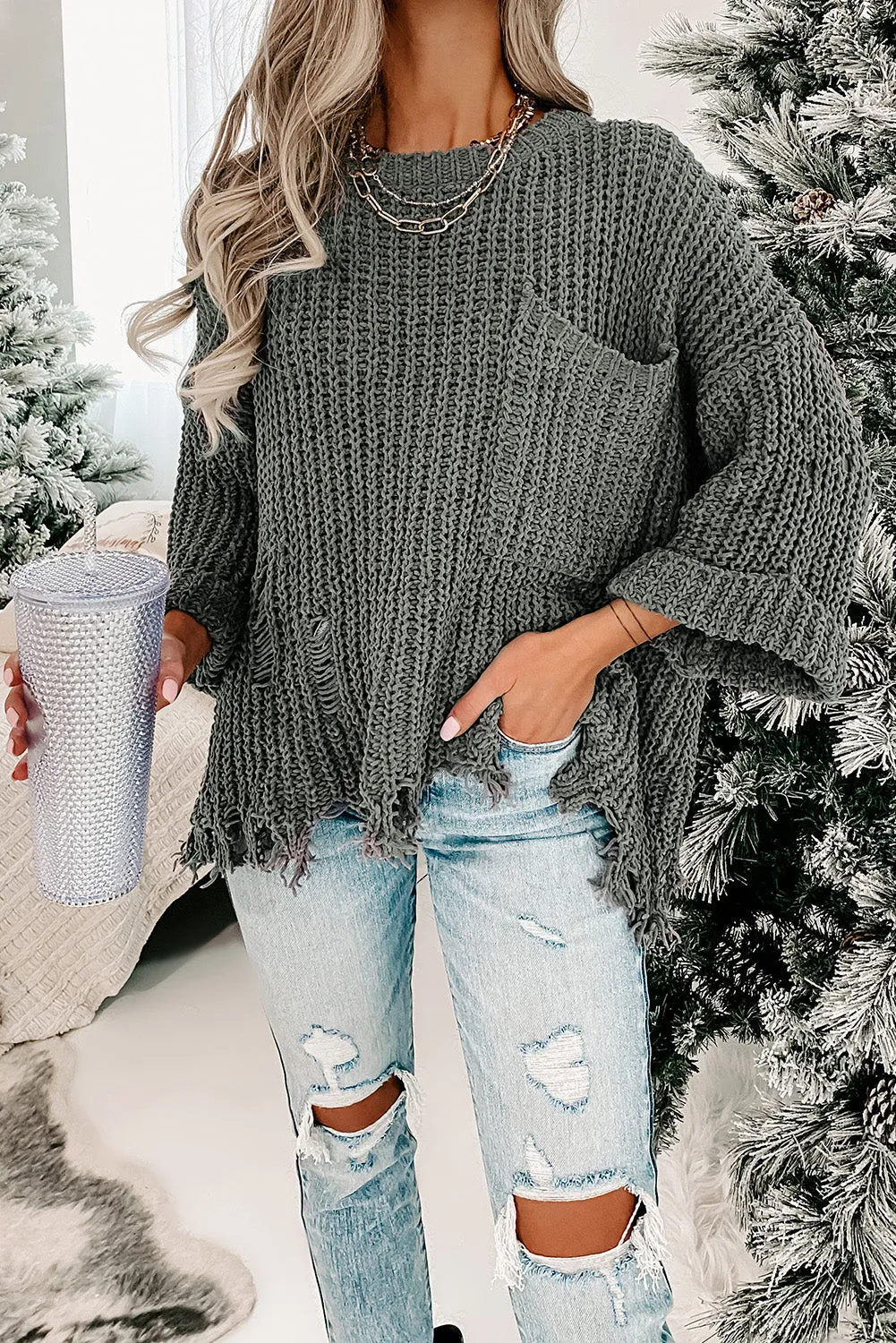 Threaded Pear:  Alina Ripped Raw Hem Chunky Pullover Sweater