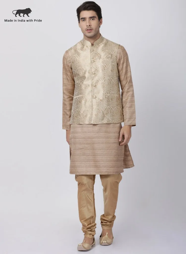 VASTRAMAY Men's Gold Cotton Silk Blend Kurta, Ethnic Jacket and Pyjama Set