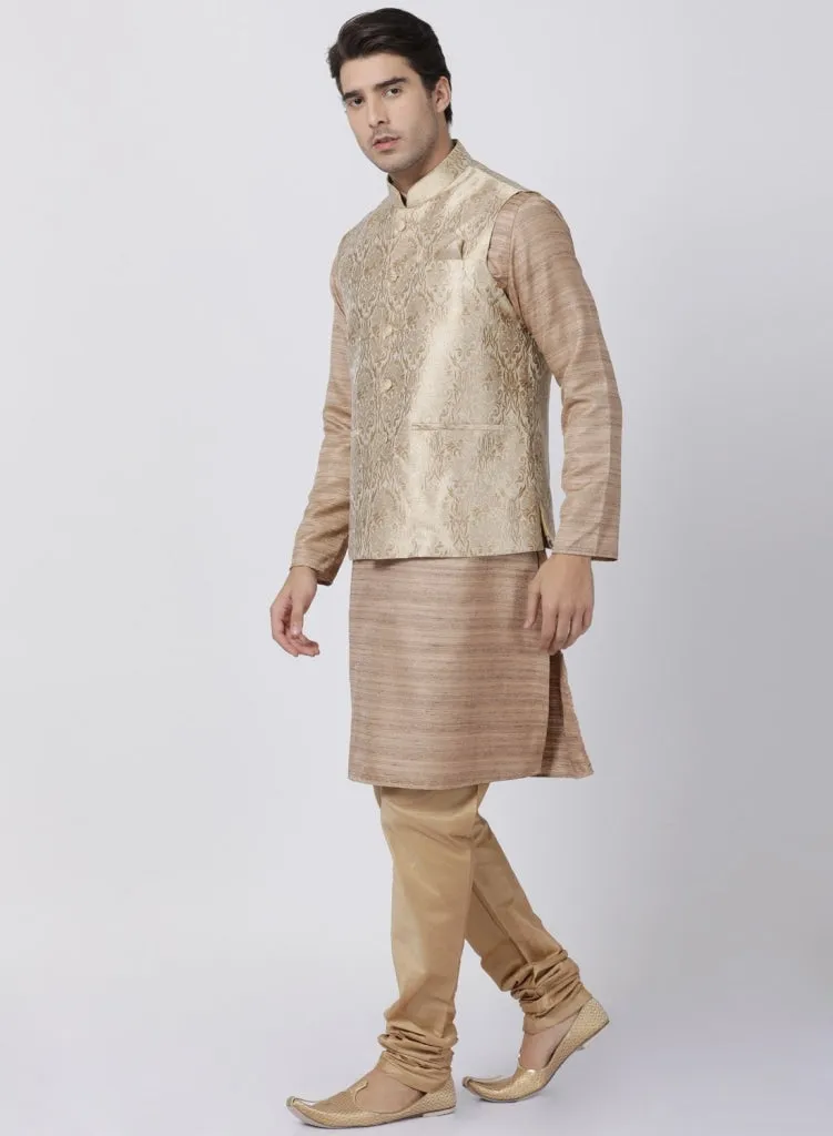 VASTRAMAY Men's Gold Cotton Silk Blend Kurta, Ethnic Jacket and Pyjama Set