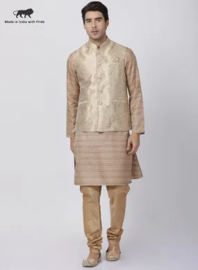 VASTRAMAY Men's Gold Cotton Silk Blend Kurta, Ethnic Jacket and Pyjama Set