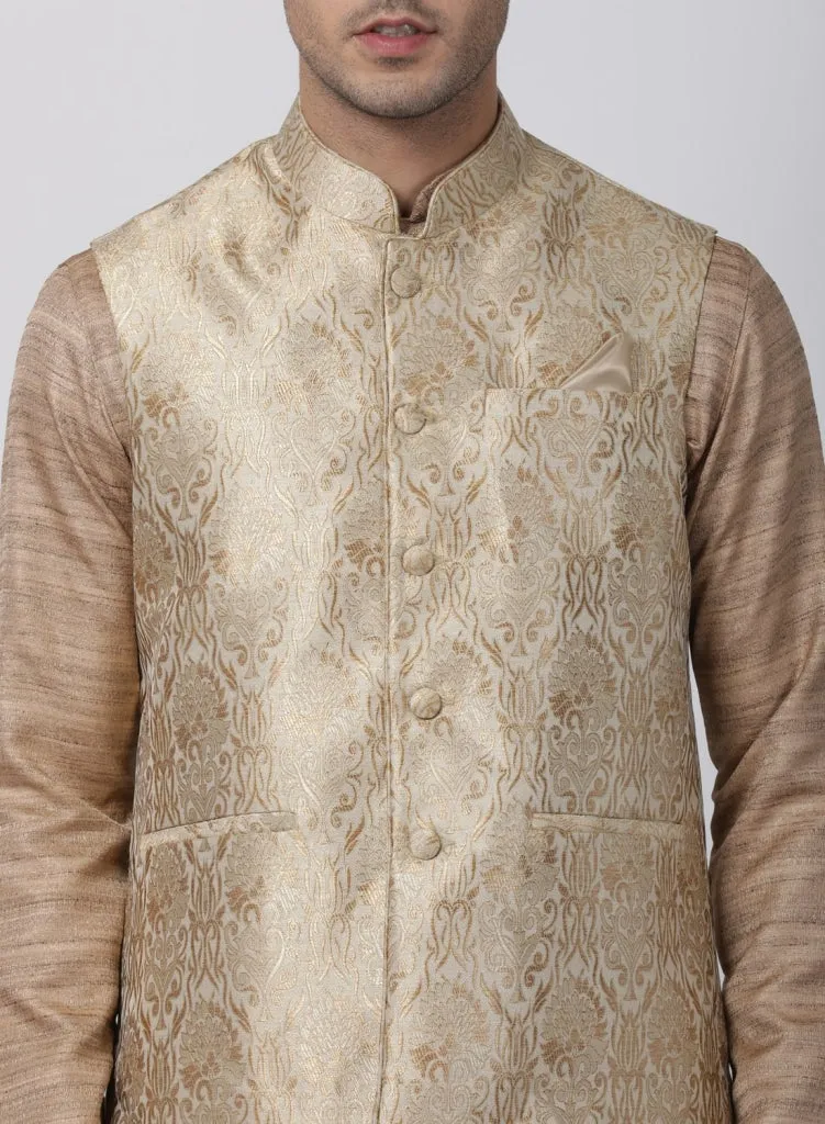 VASTRAMAY Men's Gold Cotton Silk Blend Kurta, Ethnic Jacket and Pyjama Set