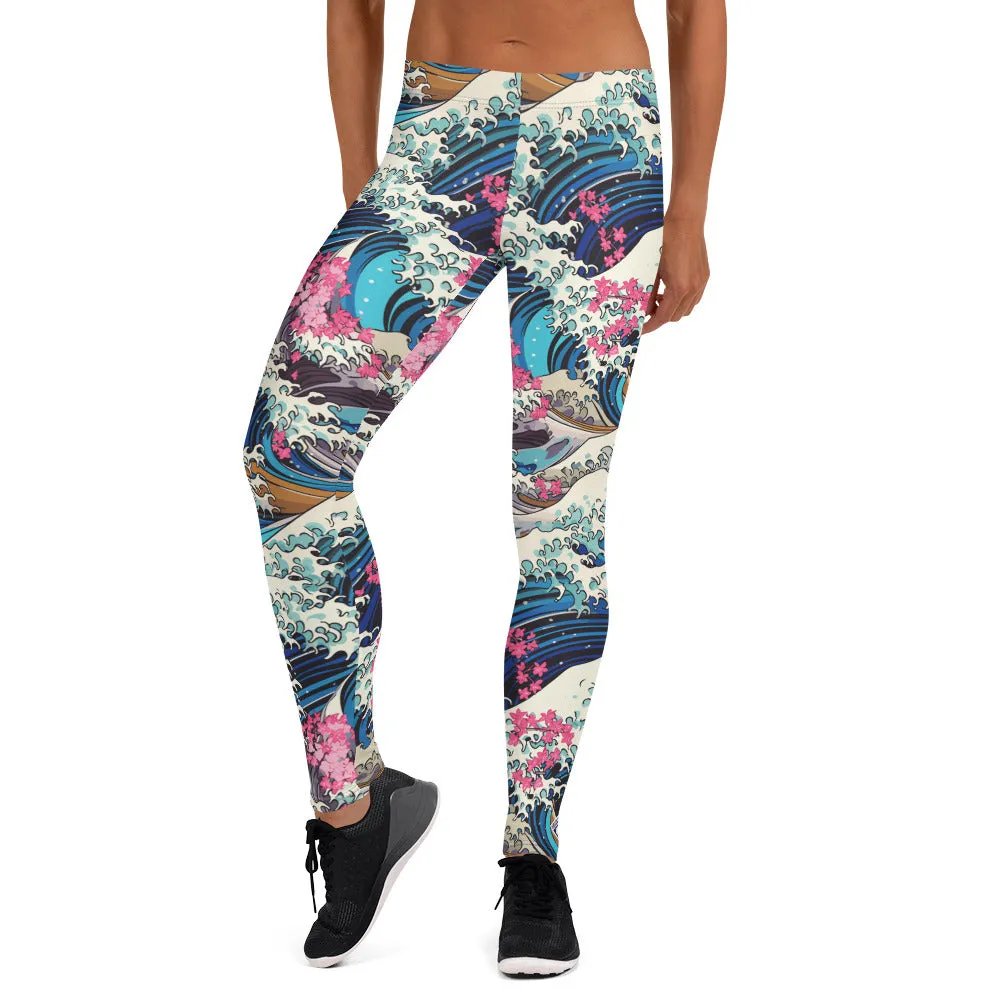 Women's Yoga Pants Workout Leggings - The Great Wave Off Kanagawa 001