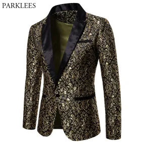 Xituodai Gold Jacquard Bronzing Floral Blazer Men 2022 Brand New Mens Patchwork One Button Blazer Jacket Party Stage Singer Cost